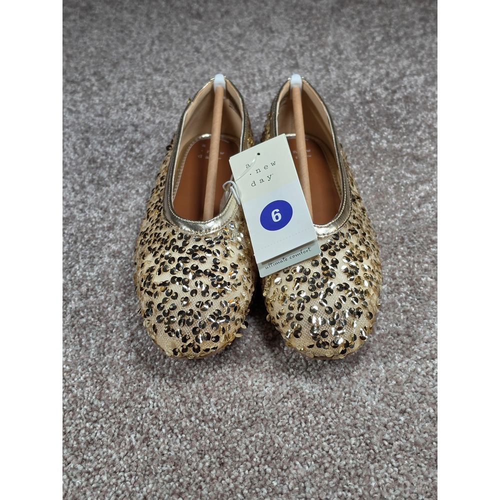 A New Day Sammie Champagne Gold Sequin Ballet Flats Womens 6 New